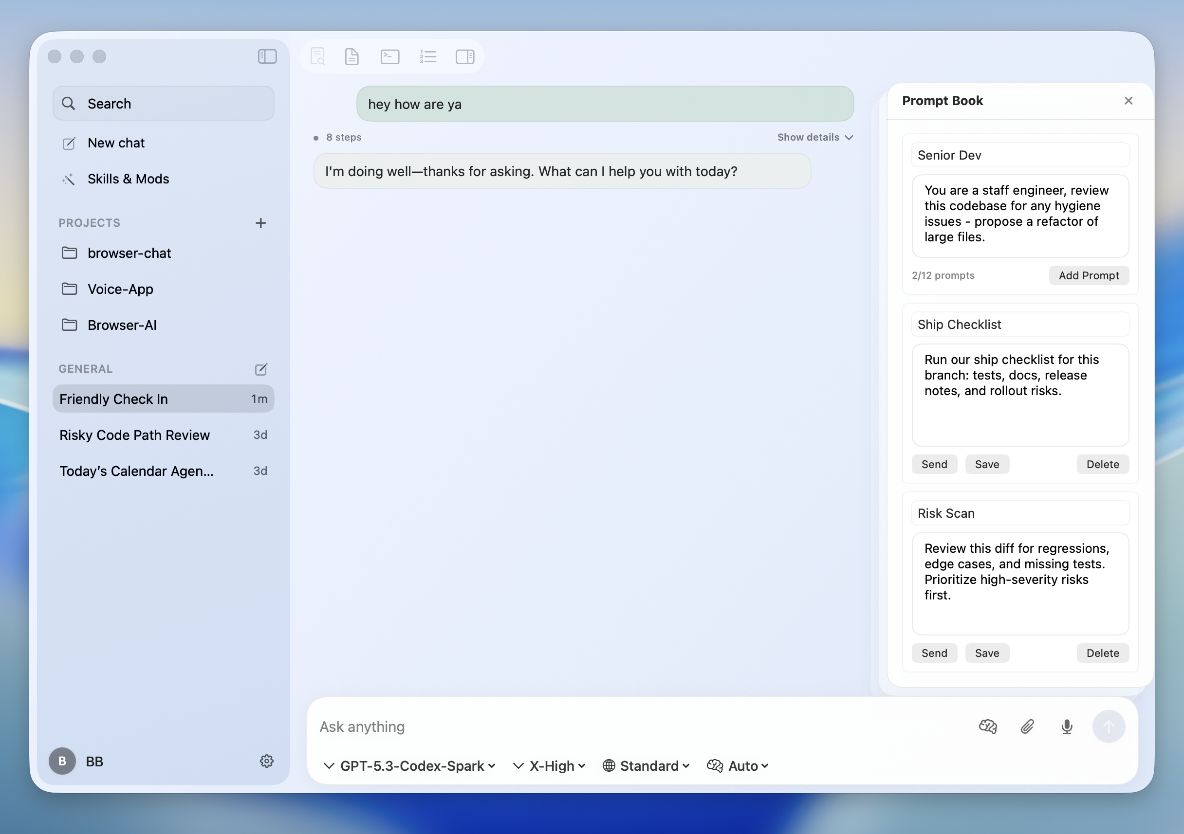 CodexChat interface with prompt book and mods surface open alongside a conversation.
