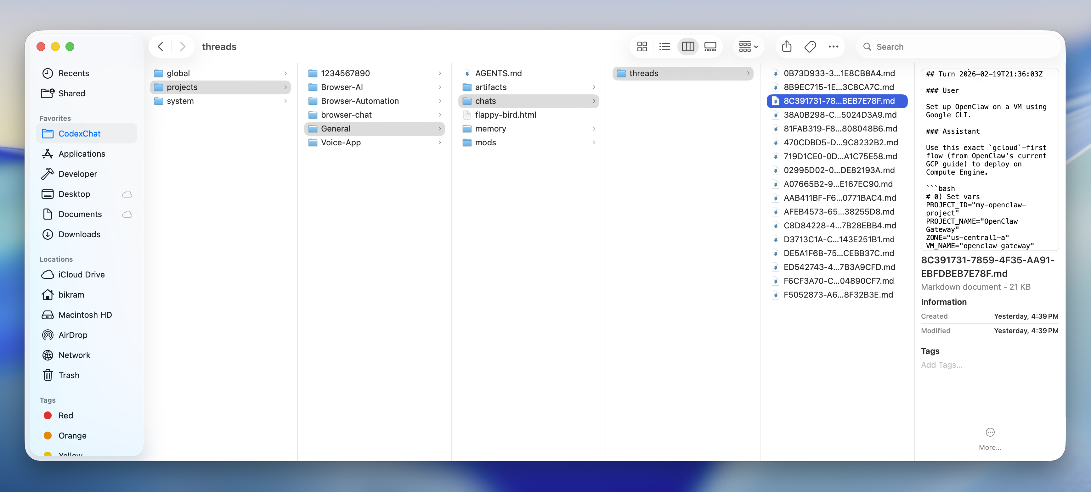 Finder view of CodexChat conversation history stored locally as Markdown files.